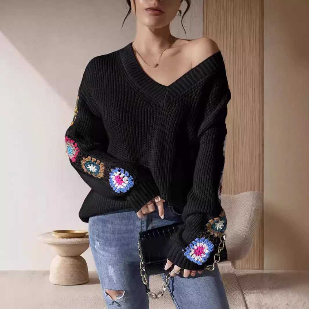 Damen Strickpullover mit verspielten Häkelakzenten und weitem Schnitt EB