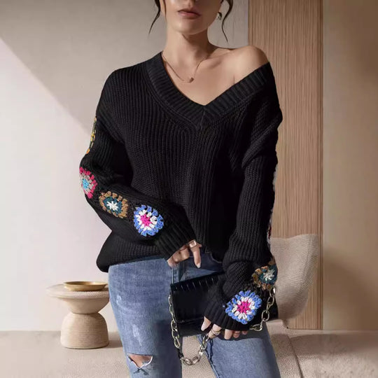 Damen Strickpullover mit verspielten Häkelakzenten und weitem Schnitt EB