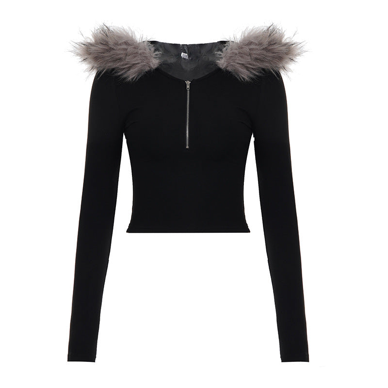 Damen nan kurzes Kapuzen‑Sweatshirt mit Kunstfellbesatz, Reißverschluss und Pompon-Kordeln EB
