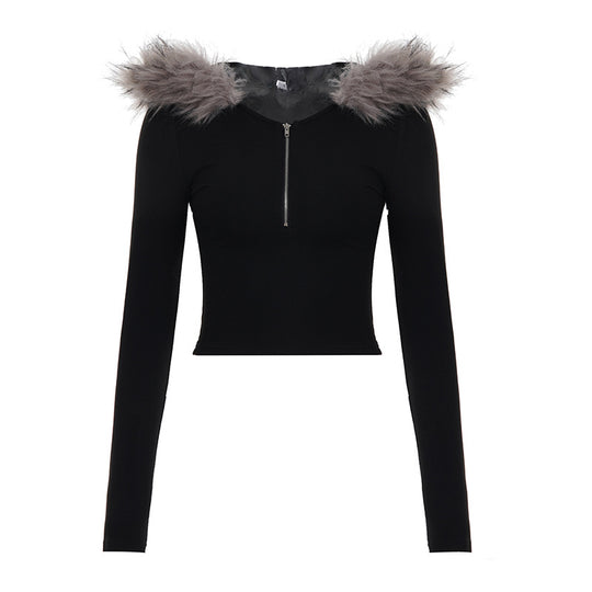 Damen nan kurzes Kapuzen‑Sweatshirt mit Kunstfellbesatz, Reißverschluss und Pompon-Kordeln EB