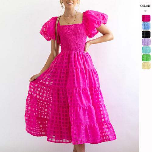 Damen Luftiges Maxikleid mit schwingendem Rock und voluminösen Puffärmeln EB