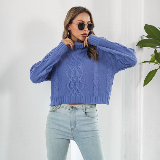 Damen Grobstrickpullover mit hohem Kragen und Zopfmuster EB
