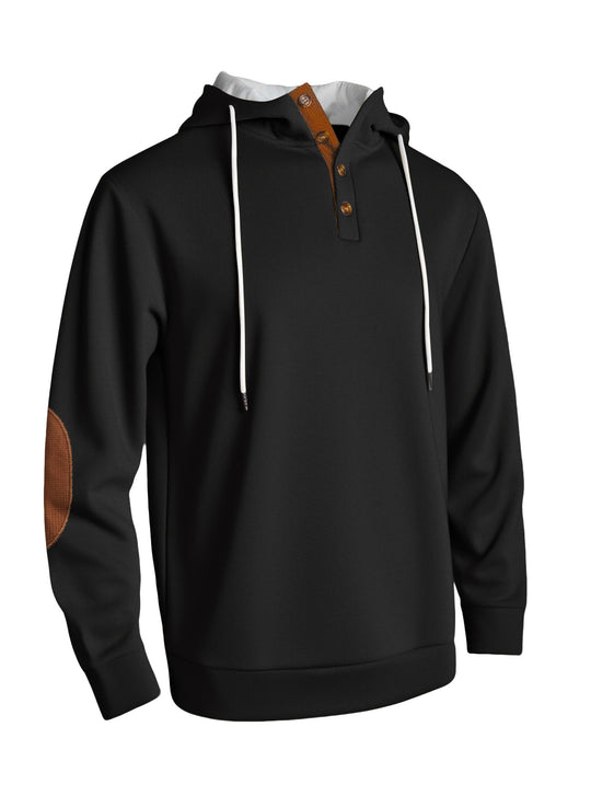 Herren nan Kapuzenpullover im puristischen Freizeitstil mit Henley-Knopfleiste, kontrastierter Kapuzeninnenseite und Ellenbogenaufnähern EB