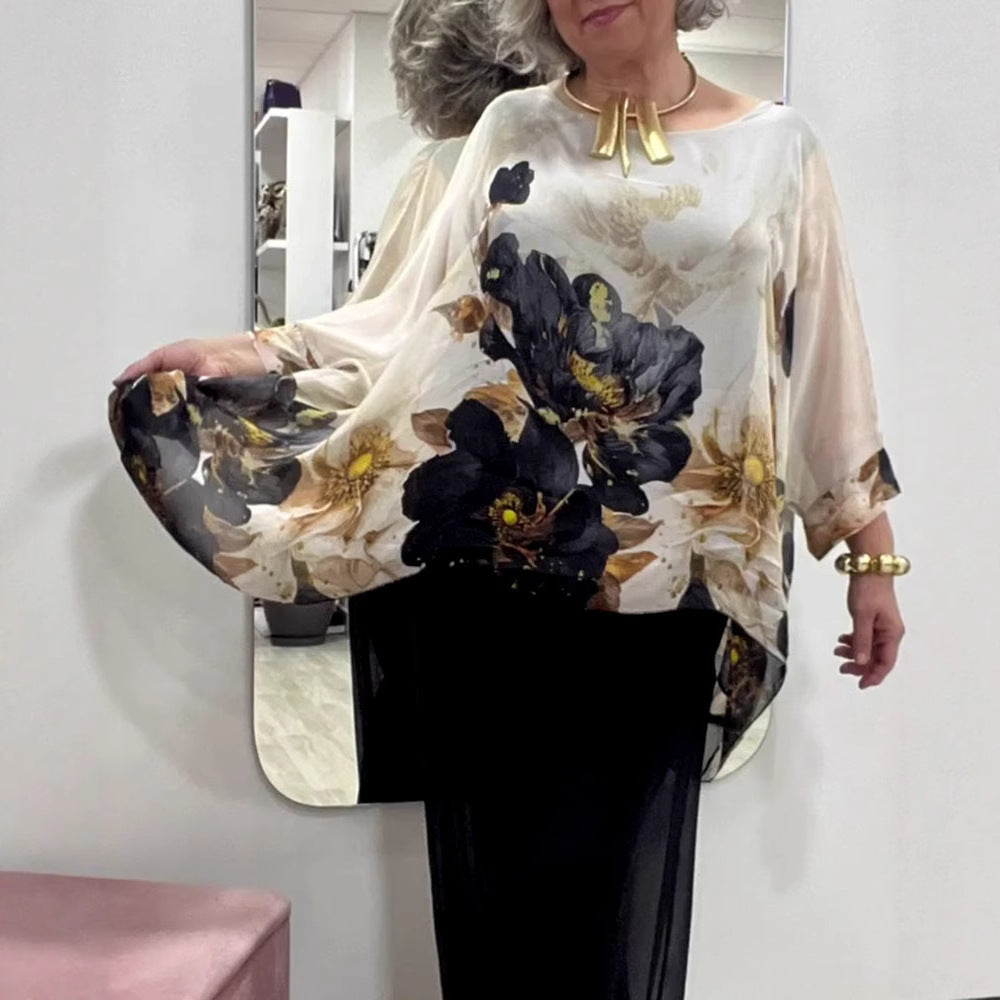 Damen nan luftige Chiffon-Tunika mit Fledermausärmeln asymmetrischem Saum und floralem Druck EB