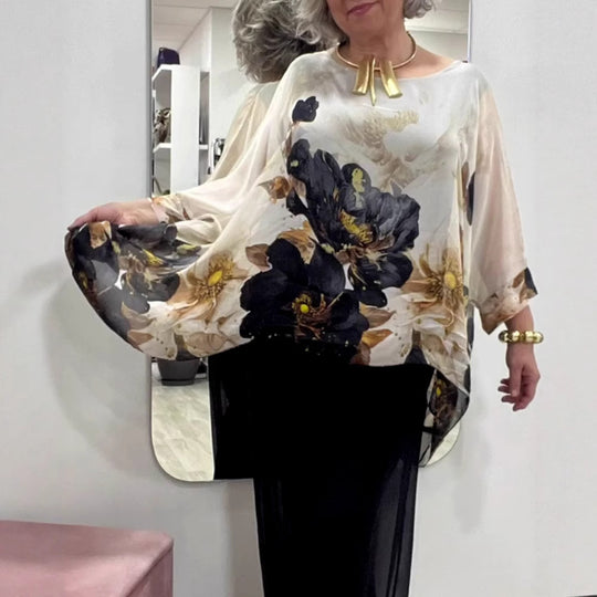 Damen nan luftige Chiffon-Tunika mit Fledermausärmeln asymmetrischem Saum und floralem Druck EB