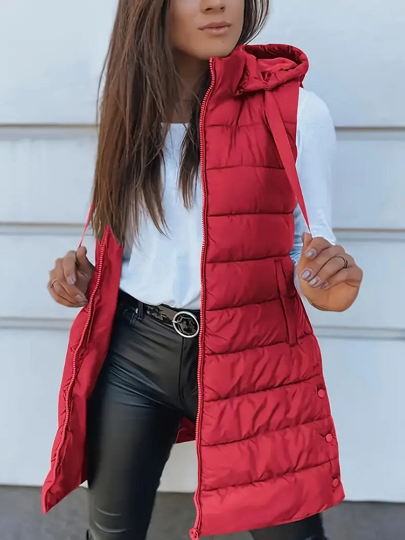 Damen Stylische gesteppte Weste mit Kapuze und langen Schnitt EB