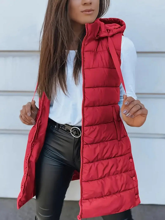 EB | Ärmellose Lässige Steppjacke mit Kapuze und Reißverschluss