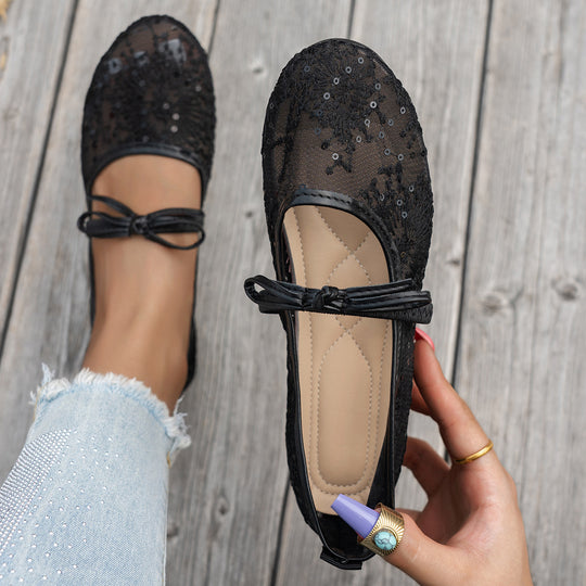 Damen Elegante Spitzenschuhe mit dekorativen Schleifen und funkelnden Akzenten EB