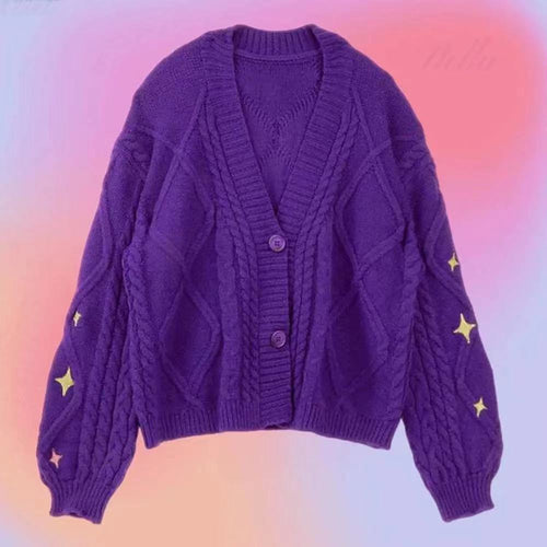 Damen nan oversize Strickcardigan mit Zopfmuster und Sternapplikationen V-Ausschnitt Knopfleiste EB