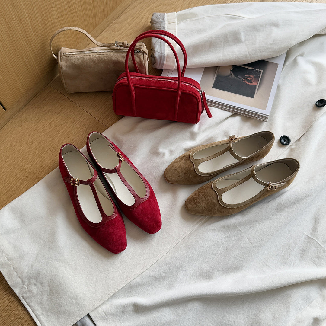 Damen Elegante Mary Jane Ballerinas aus hochwertigem Wildleder mit verstellbarem Riemchen EB