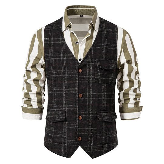 Herren nan kariertes Wollmix Gilet mit Brusttasche und aufgesetzten Seitentaschen EB