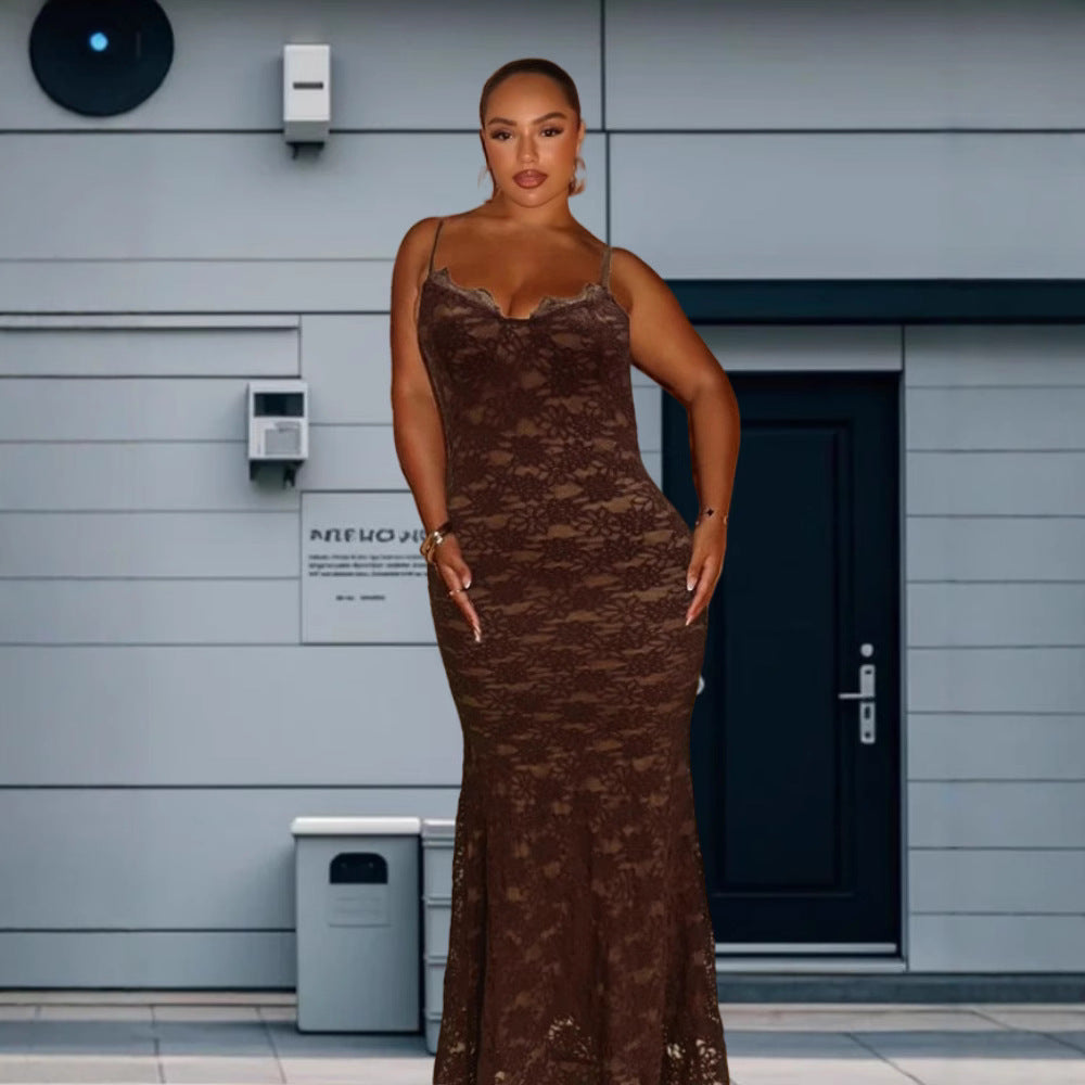 Damen Elegantes Spitzen-Maxikleid mit tiefem V-Ausschnitt EB