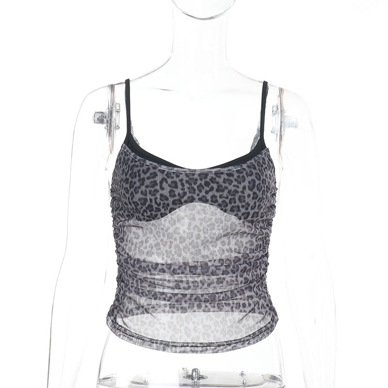 Damen sportliches Spitze Top mit Leopardenmuster EB