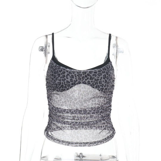 Damen sportliches Spitze Top mit Leopardenmuster EB