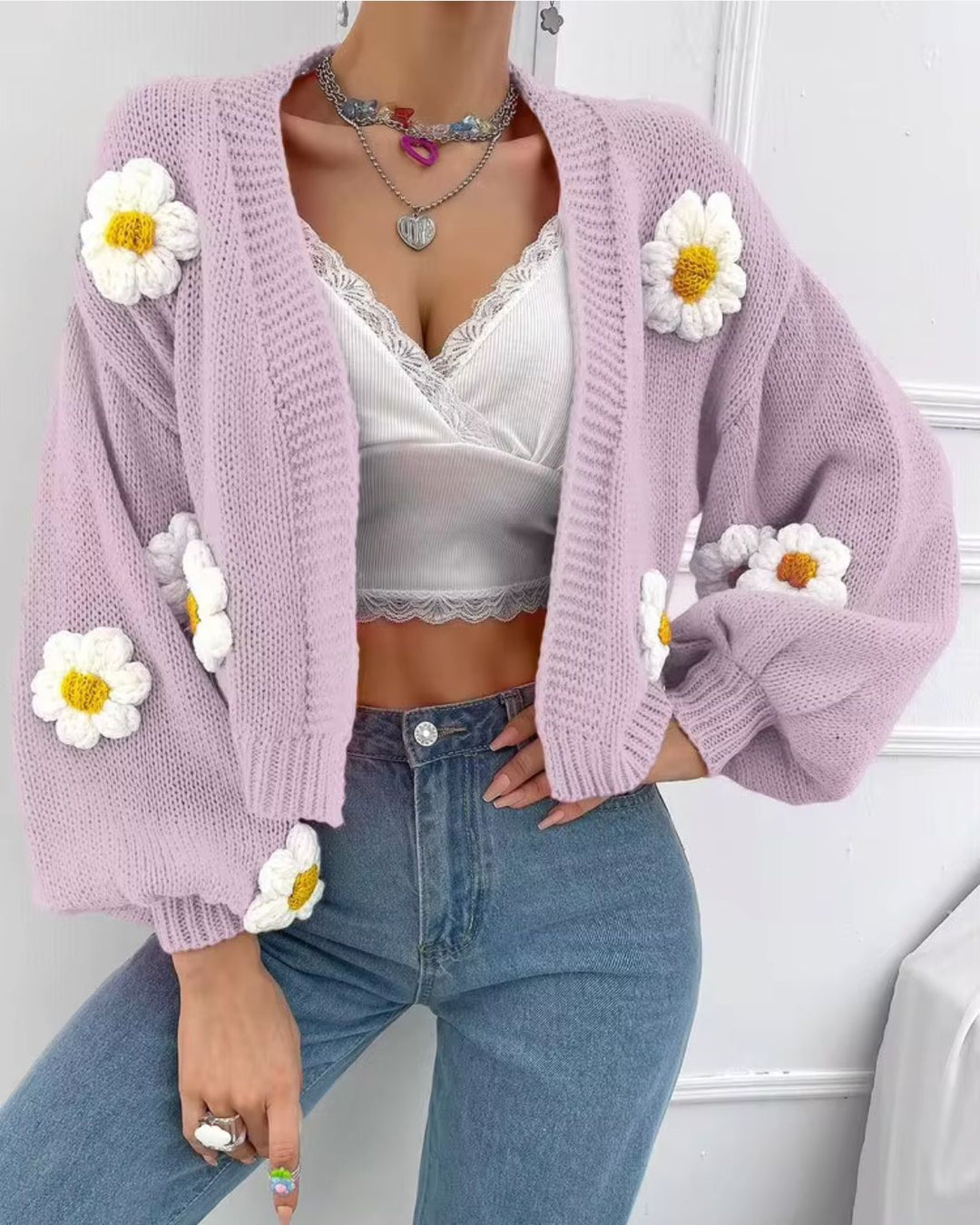 Damen Kurzgeschnittener Grobstrick-Cardigan mit 3D-Blütenapplikationen EB