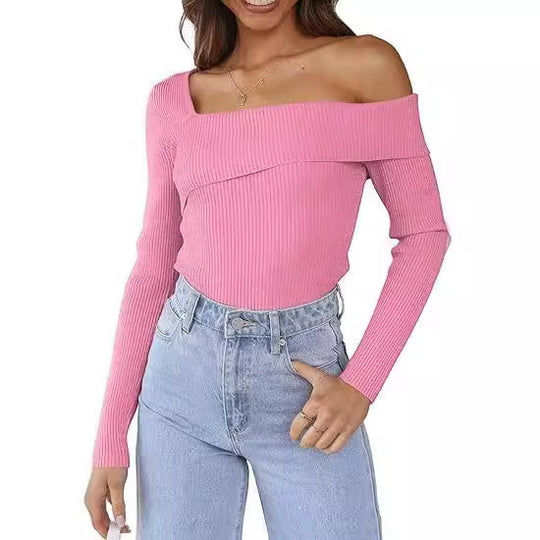 Damen Off-Shoulder Langarmpullover mit Rippstruktur EB