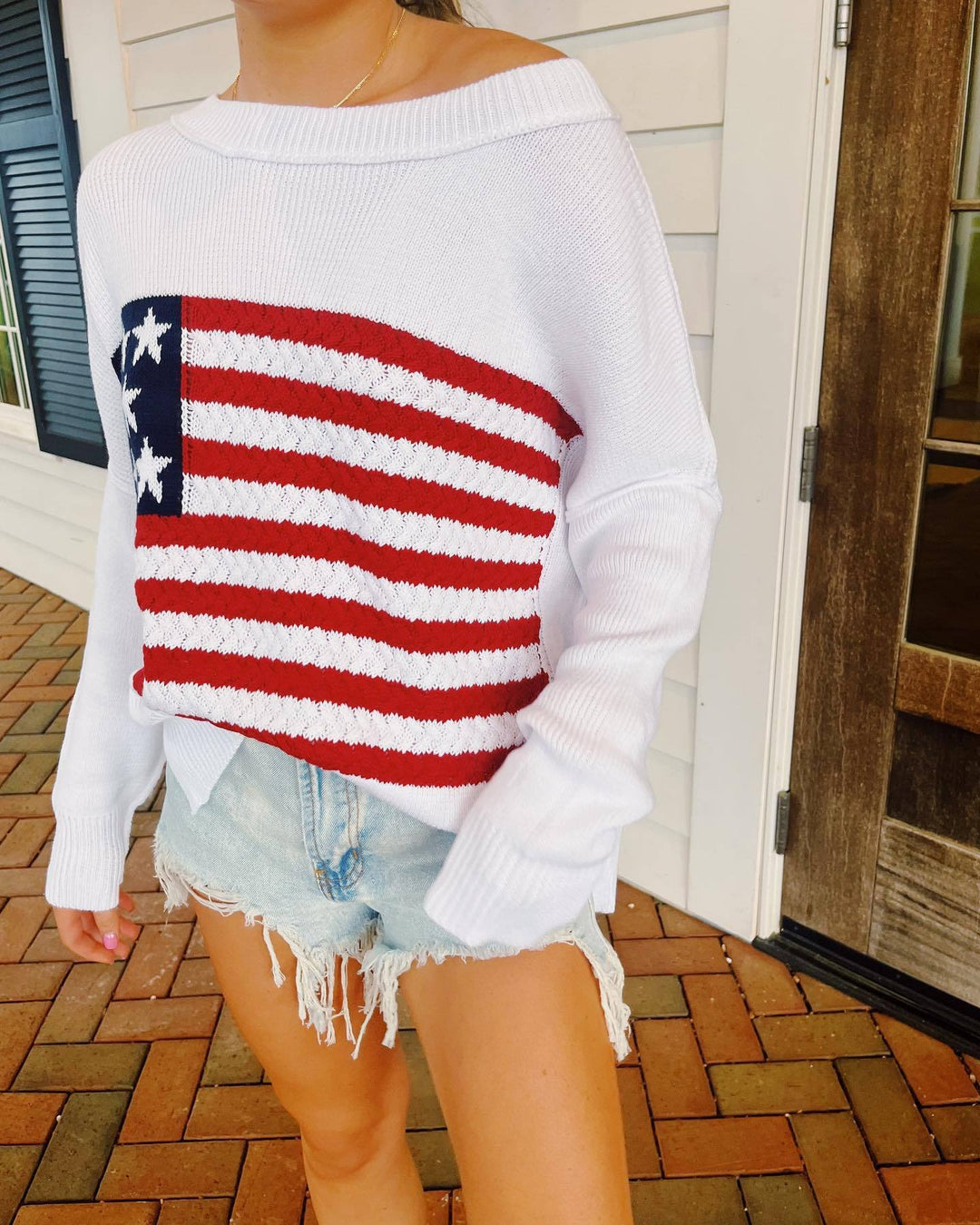 Damen Strickpullover mit auffälligem Flaggenmotiv und lässigem Schnitt EB