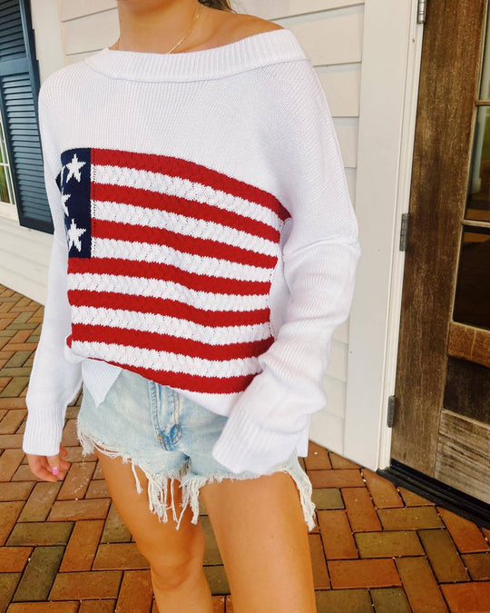 Damen Strickpullover mit auffälligem Flaggenmotiv und lässigem Schnitt EB