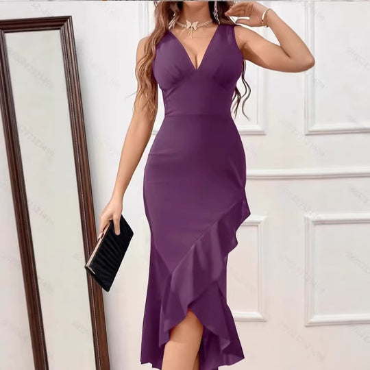 Damen Midikleid mit V-Ausschnitt und asymmetrischem Rüschensaum EB