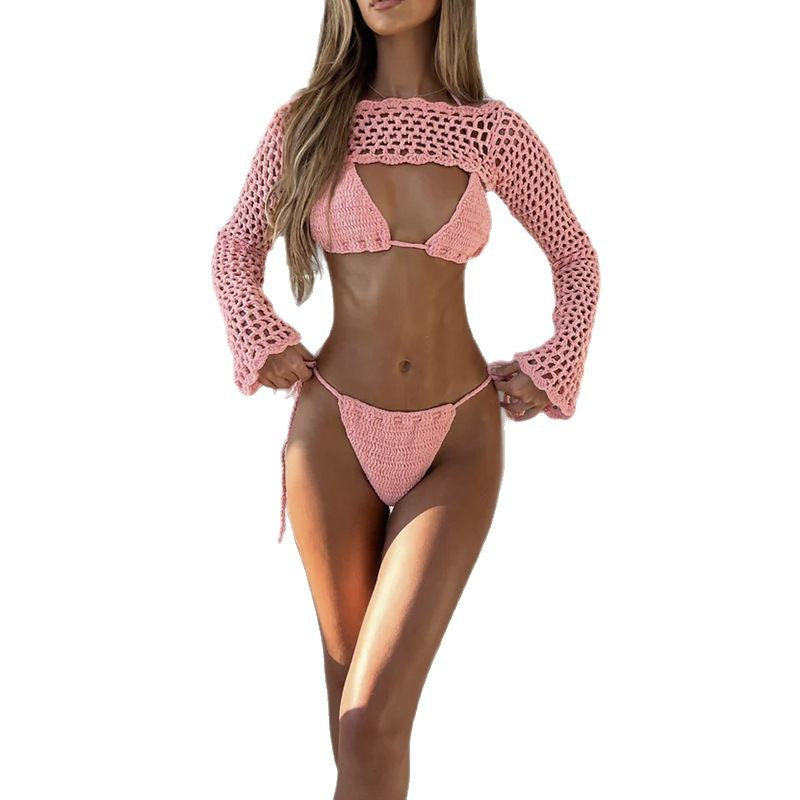 Damen elegantes gehäkeltes Bikini-Set mit durchbrochenem Oberteil und verstellbaren Trägern EB