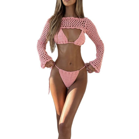 Damen elegantes gehäkeltes Bikini-Set mit durchbrochenem Oberteil und verstellbaren Trägern EB
