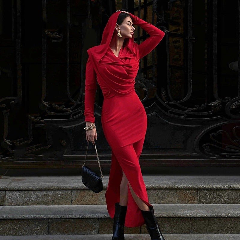 Damen elegantes Abendkleid mit Kapuze und figurbetonter Silhouette EB
