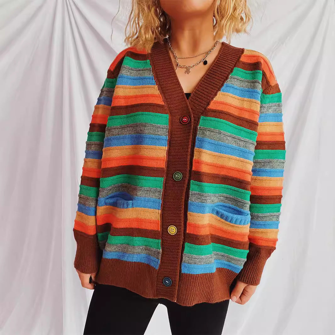 Damen Strickjacke mit buntem Streifenmuster und knöpfbarem Design EB
