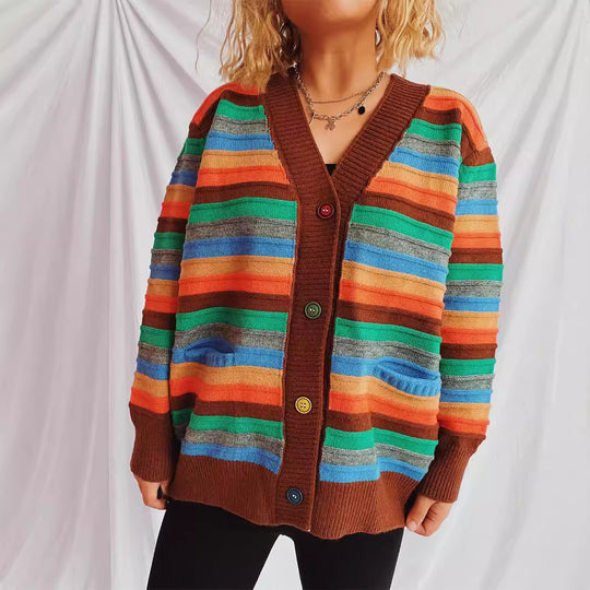 Damen Strickjacke mit buntem Streifenmuster und knöpfbarem Design EB