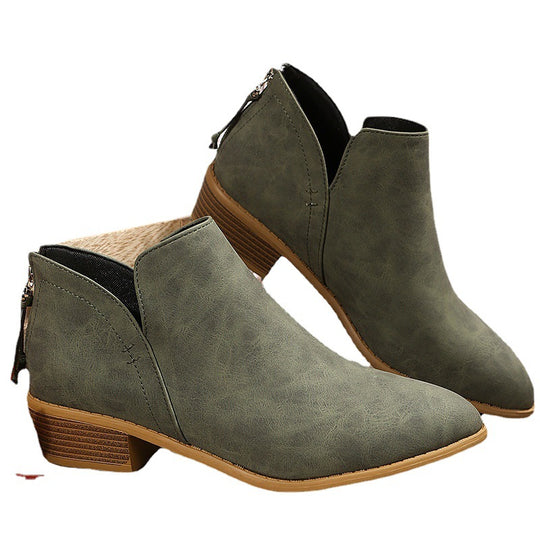 Damen nan spitze Ankleboots mit niedrigem Holzblockabsatz, V‑Cut Seitenöffnung und rückseitigem Reißverschluss EB
