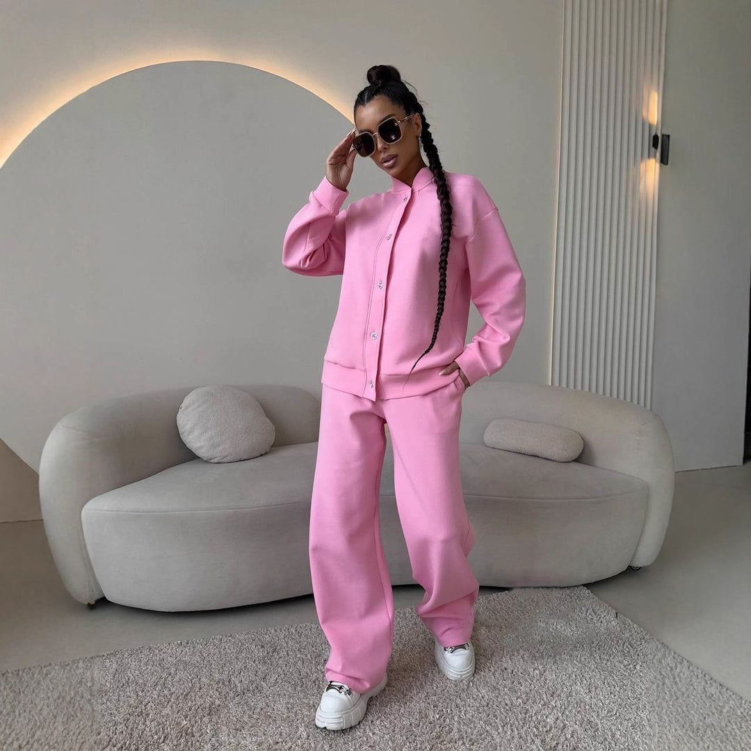Damen Zweiteiliges Loungewear-Set mit Stehkragen, dekorativen Schmuckknöpfen und weitem Palazzo-Hosenbein EB