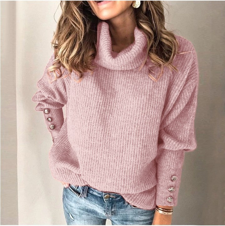 Damen Grobstrickpullover mit hohem Kragen und dekorativen Knopfdetails EB