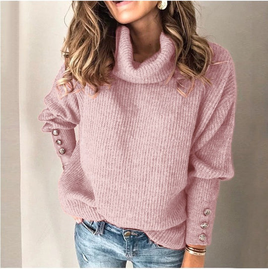 Damen Oversized Rollkragenpullover mit dekorativen Knöpfen EB