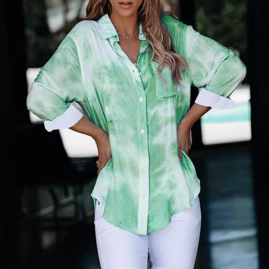 Damen Langarmhemd im kreativen Batikdesign mit Knopfleiste EB