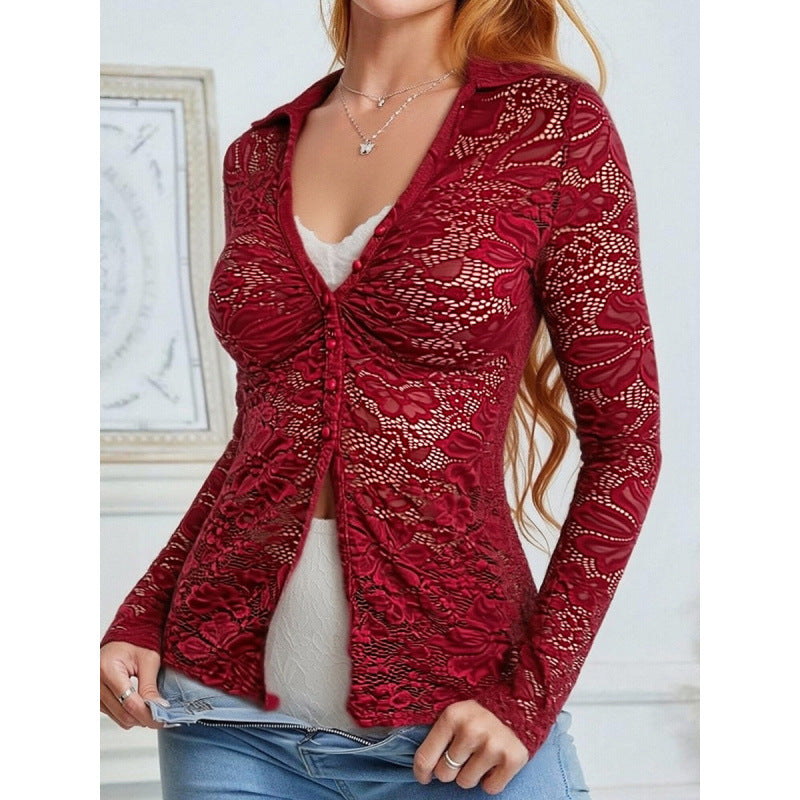Damen Transparente Spitzenbluse mit knöpfbarem Ausschnitt und langem Arm EB