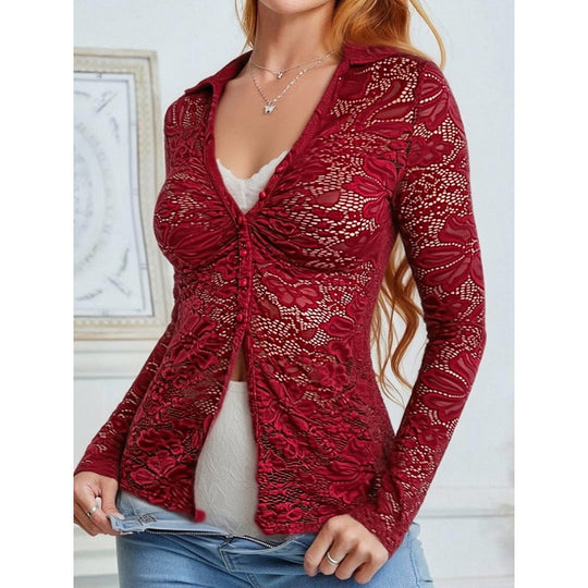 Damen Transparente Spitzenbluse mit knöpfbarem Ausschnitt und langem Arm EB