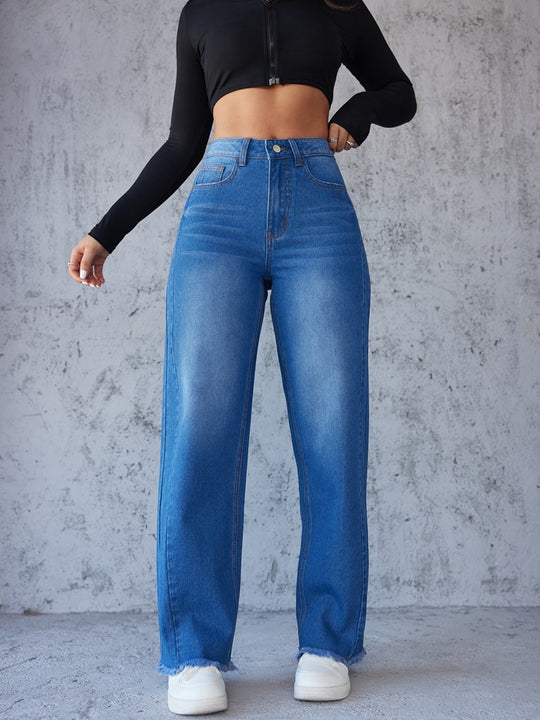 Damen Hochtaillierte Mom-Jeans mit lässigem Schnitt und fransigem Saum EB