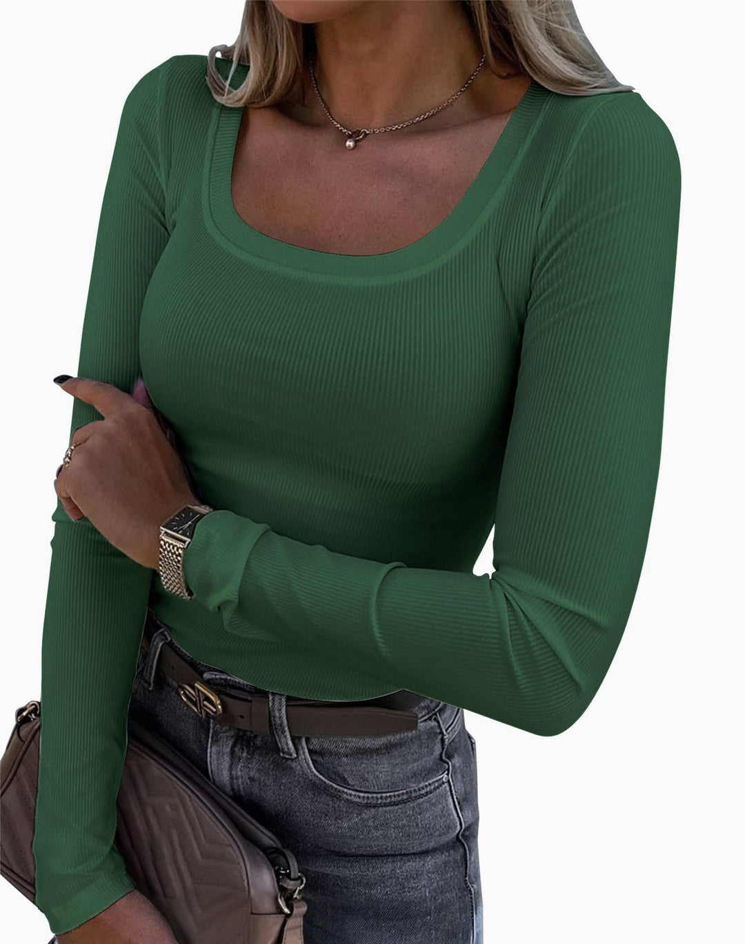 Damen Langarm Ripp-T-Shirt mit elegantem U-Boot-Ausschnitt EB