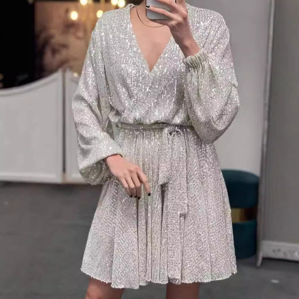 Damen funkelndes Cocktailkleid mit V-Ausschnitt und Taillengürtel EB