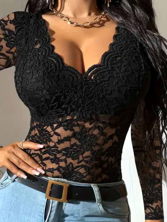 Damen Spitzenbluse mit tiefem V-Ausschnitt EB