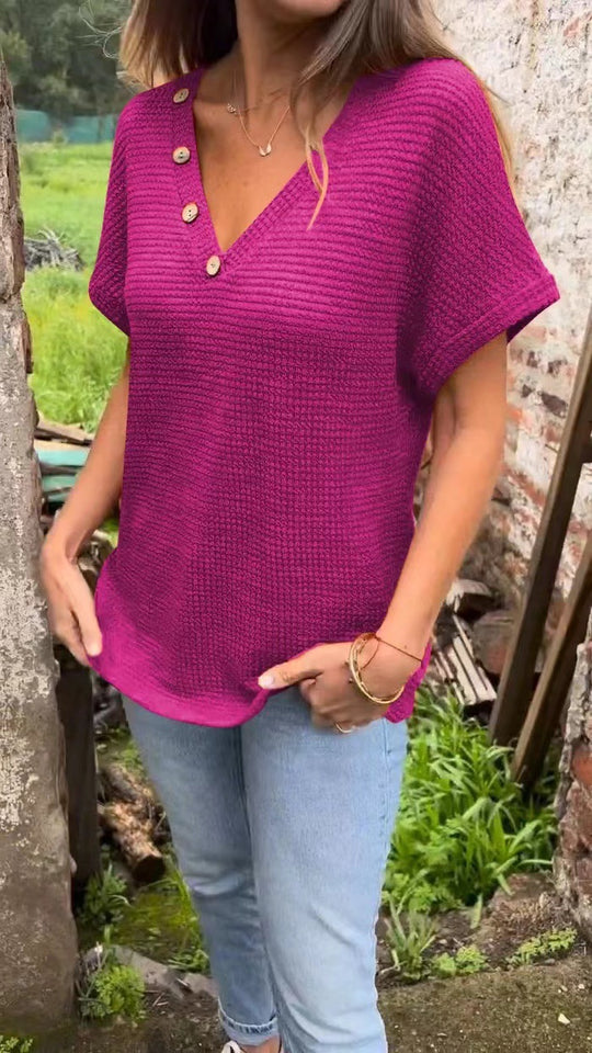 Damen lässiger V-Ausschnitt Pullover mit Knöpfen EB