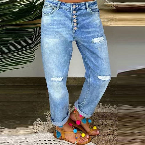 Damen Boyfriend Jeans mit Knopfleiste und distressed Effekten EB
