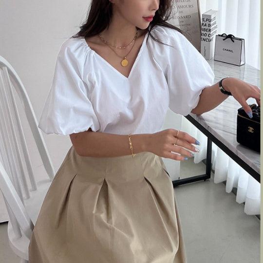 Damen Puffärmel V-Ausschnitt Top EB