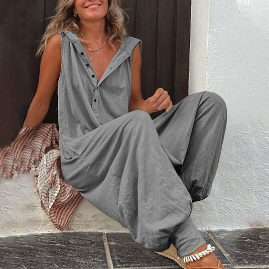 Damen Lässiger Jumpsuit mit Kapuze und Knopfdetails EB