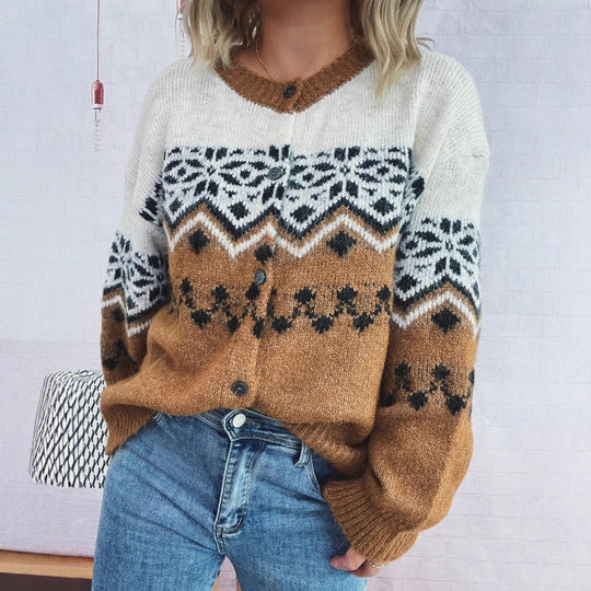 Damen kuschelige Strickjacke mit großem Muster und hochwertiger Verarbeitung EB