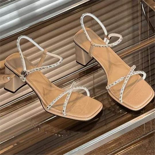 Damen elegante Sandalen mit funkelnden Riemchen und modischem Blockabsatz EB