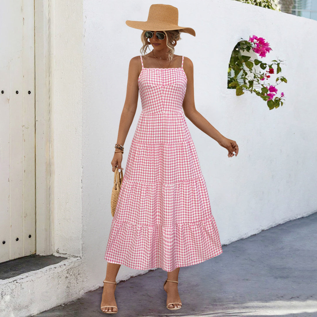 Damen Maxikleid im karierten Design mit Taillenakzent und Rüschensaum EB