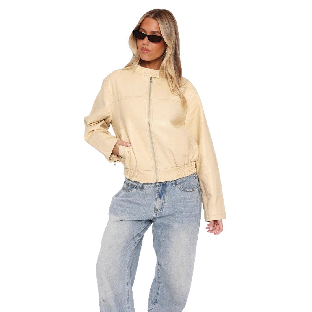 Damen Kunstleder Jacke mit elastischem Bund und hohem Stehkragen EB