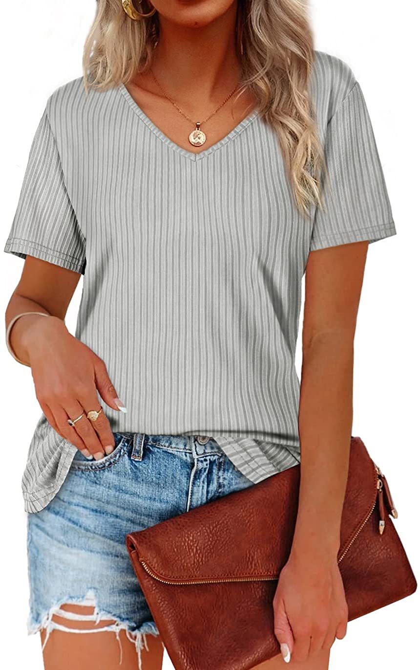 Damen Viskose T-Shirt mit feinem Rippstrickmuster und lässigem V-Ausschnitt EB