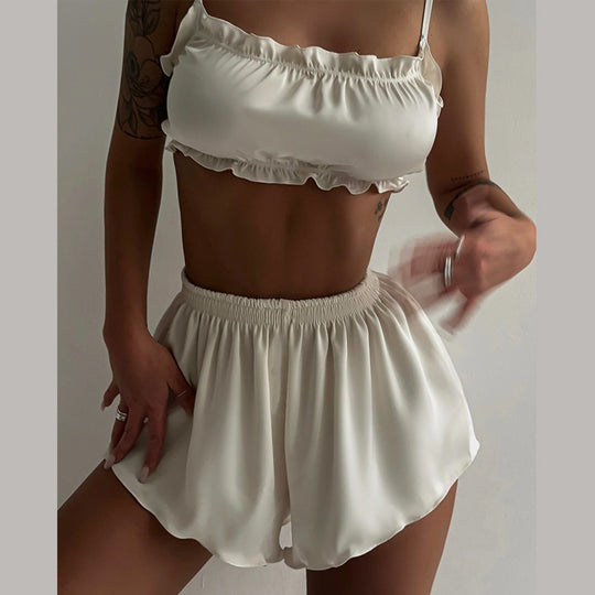 Damen luftiges Crop-Top mit Rüschendetails und Shorts EB
