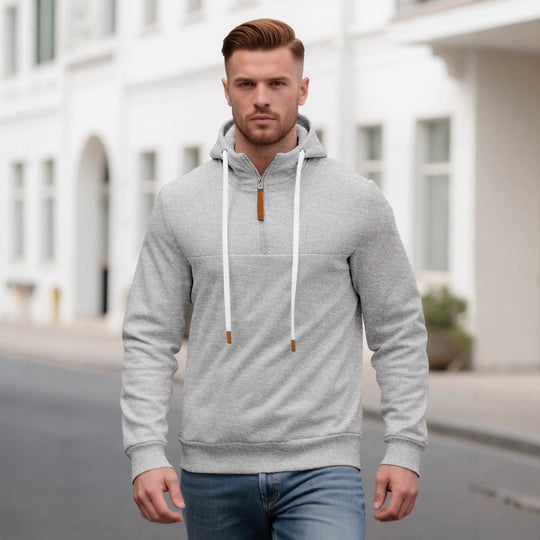 Herren Halbzip-Kapuzenpullover mit Stehkragen, Kordelzug und Lederdetails EB
